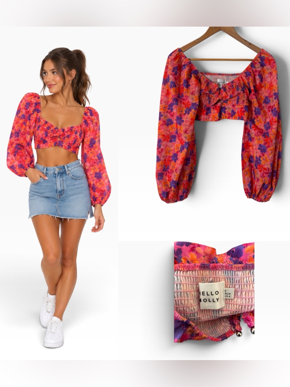 Hello Molly Floral Ruched Metal Embellished Crop Top - Size Small/4